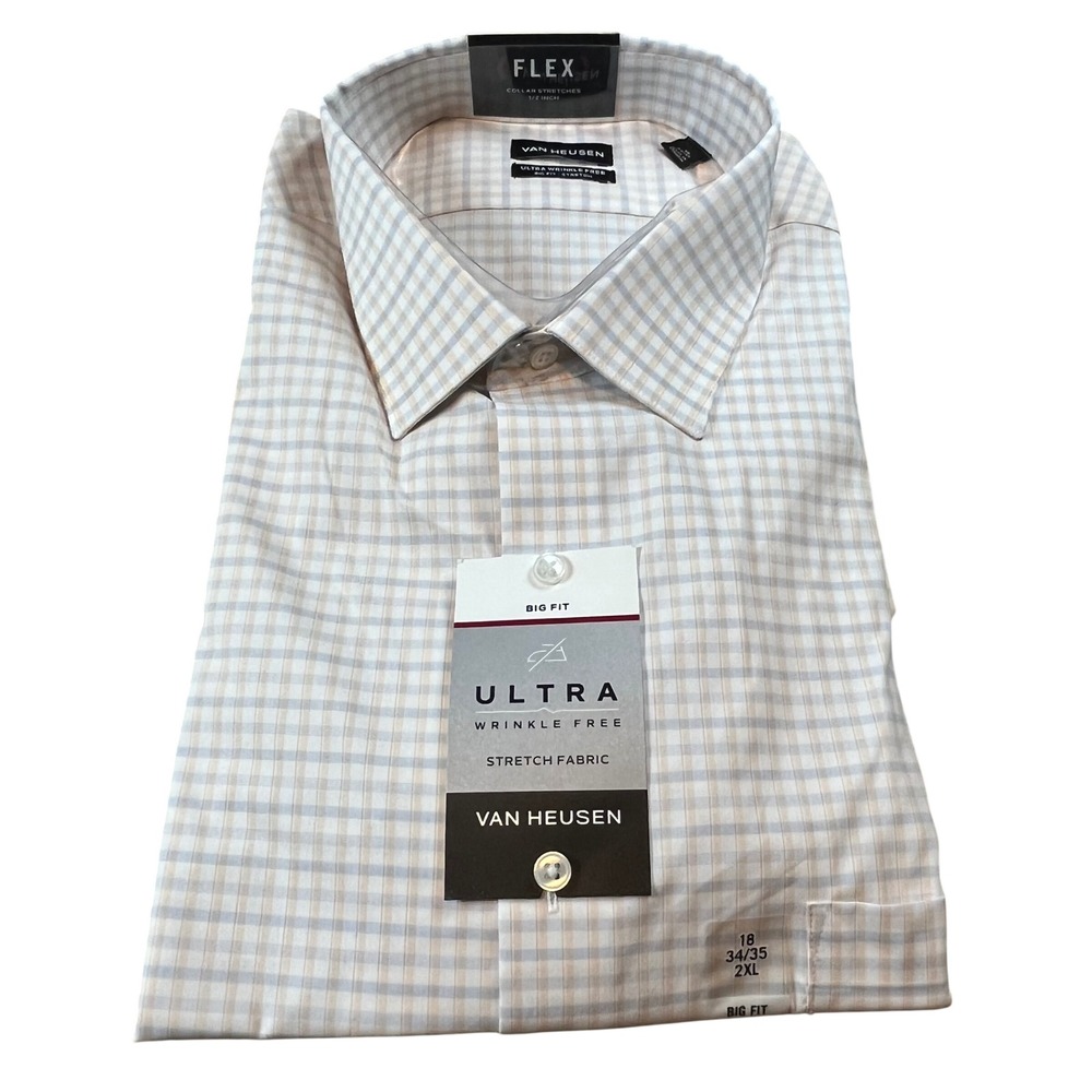 Van Heusen Men Big Fit Ultra Wrinkle Free Flex Collar Plaid Dress Shirt 18 34/35